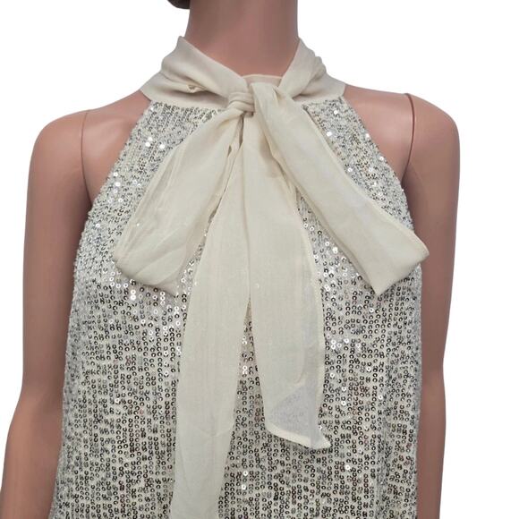 NWT Calvin Klein Sequin Top Blouse Size M Sleeveless Tie Front Halter neck Cream - Picture 3 of 13